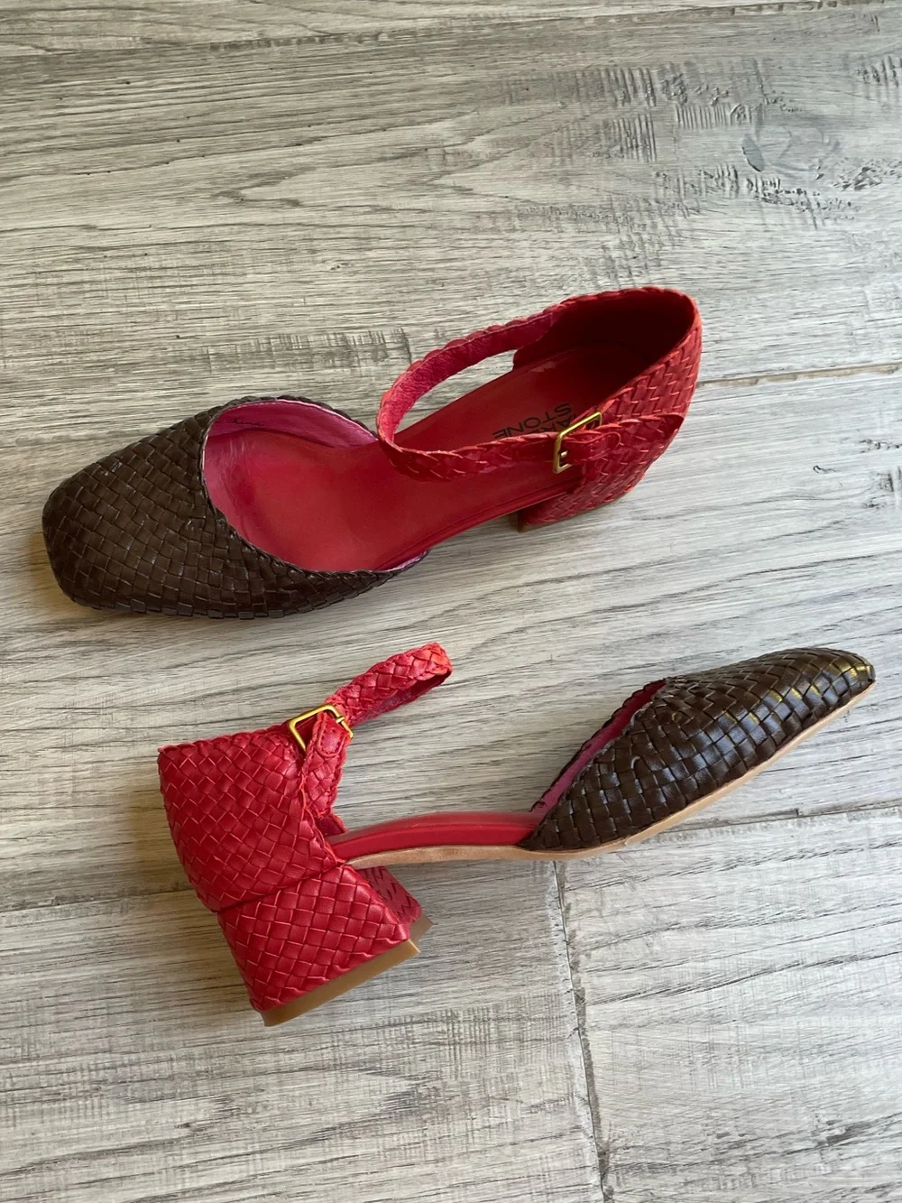 Charlotte Stone Mary Jane Chunky Heel Woven Leather Brown/Red Mod Chic SZ 7